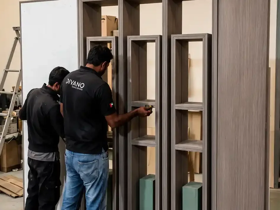 Divano joiners fitting a bespoke wardrobe unit in the workshop